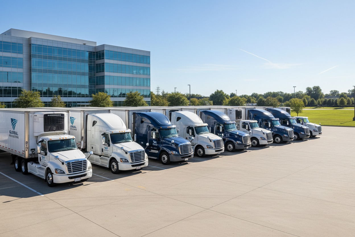 Mehrere Sattelzüge des Logistikunternehmens Global Refrigerated stehen in einer Reihe auf einem Parkplatz vor einem modernen Bürogebäude.