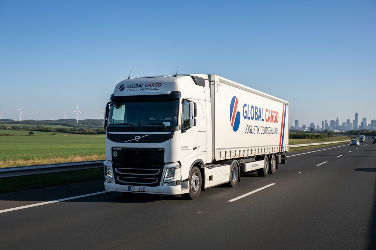 Ein weißer LKW der Firma Global Cargo fährt auf einer Autobahn vor einer Skyline und Windrädern.